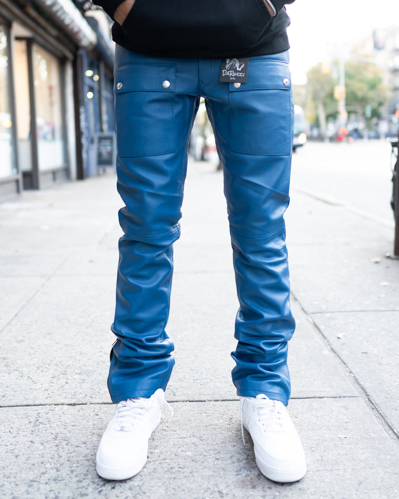 Men Fashion Contrast Color Genuine Black and Blue Leather Pants
